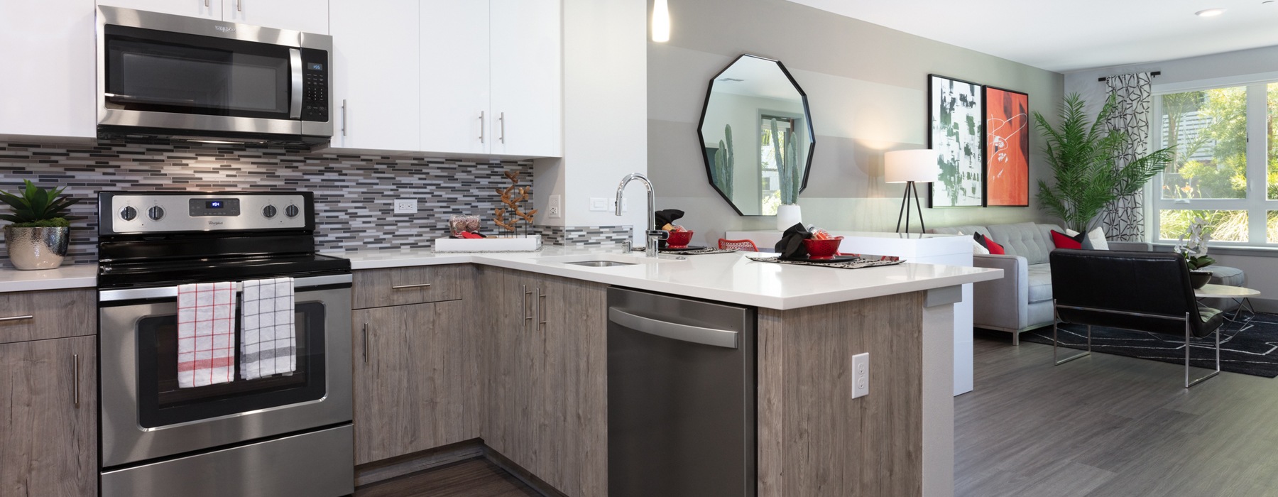 Open-concept modern living room and kitchen with gray cabinets at Vaya studio to 2-bedroom apartments in Walnut Creek, CA