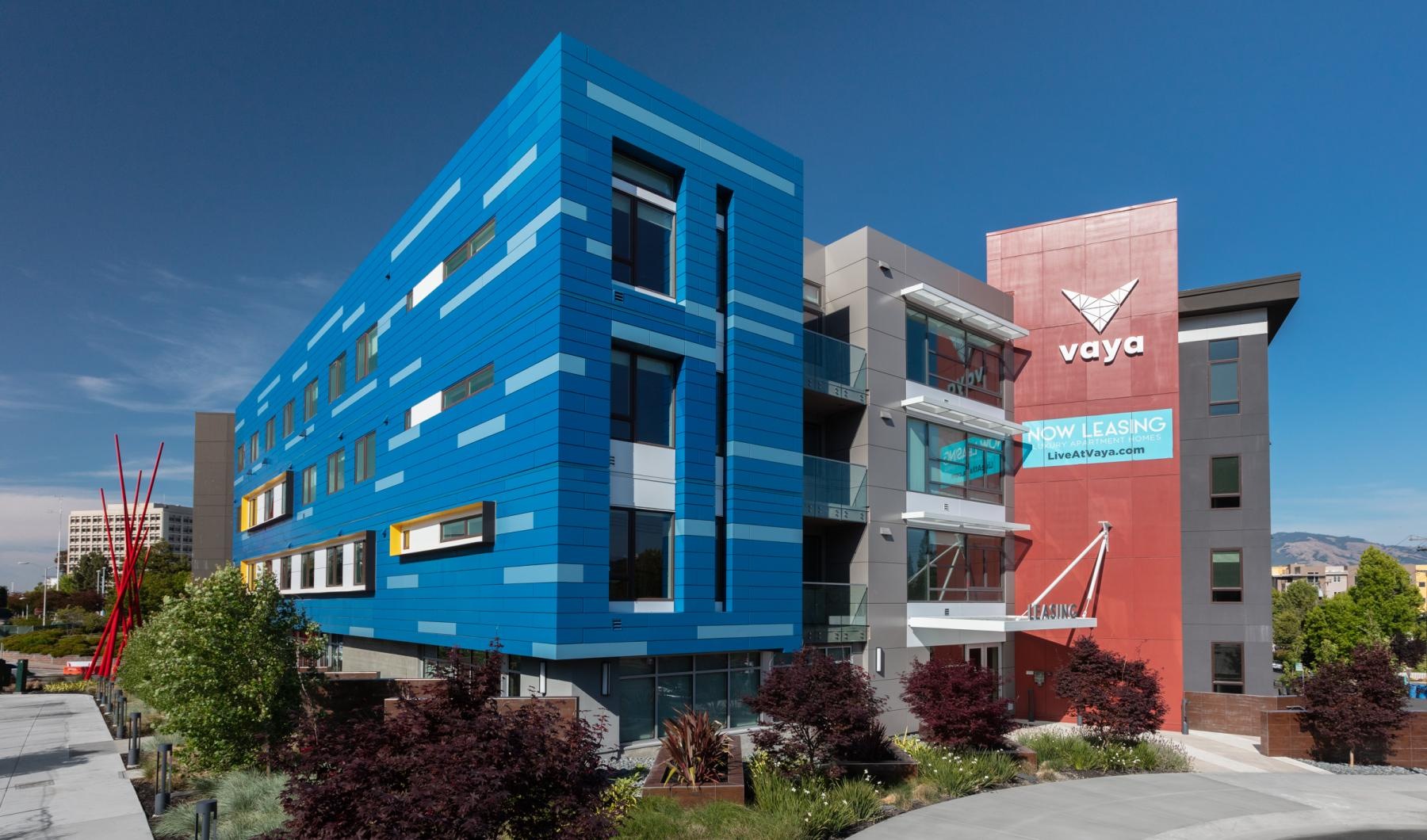 Vibrant exterior of the Vaya apartment complex in Walnut Creek, CA