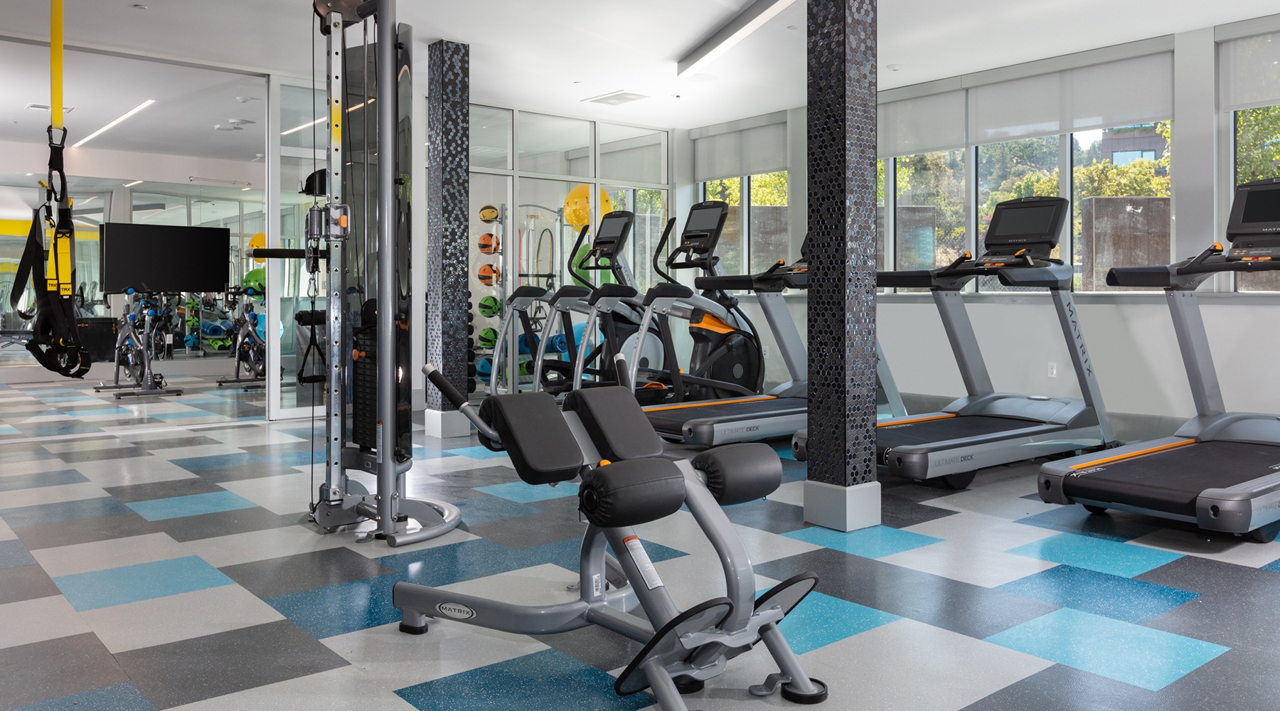 Fitness center with free weights, treadmills and ellipticals.